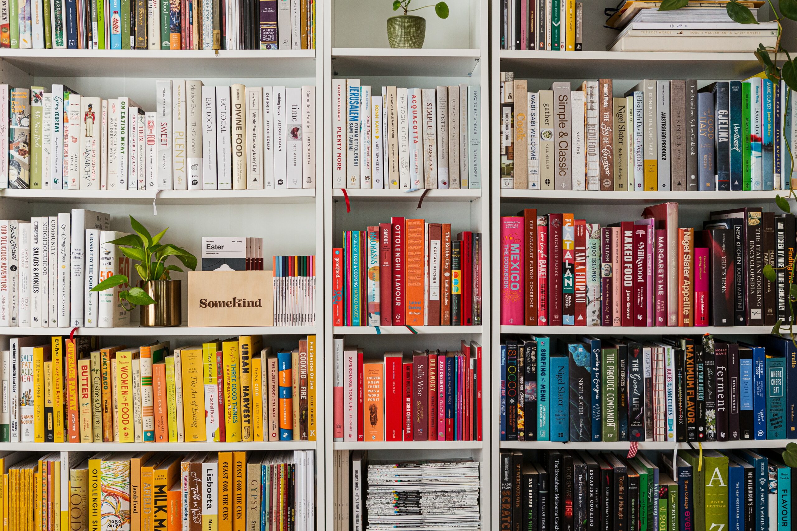 Bookshelves, Zoom Background, Food books, Food and words, Cookbooks, stacks of books, Zoom, colour-coded bookshelves